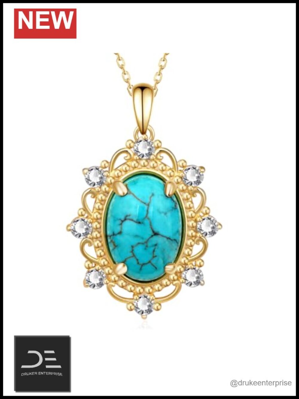 925 Sterling Silver Genuine Turquoise Pendant Necklace Gold Plated Western